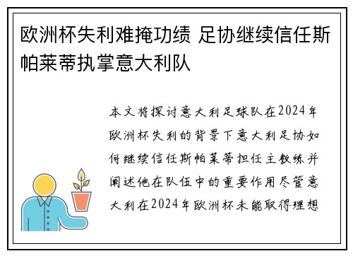欧洲杯失利难掩功绩 足协继续信任斯帕莱蒂执掌意大利队